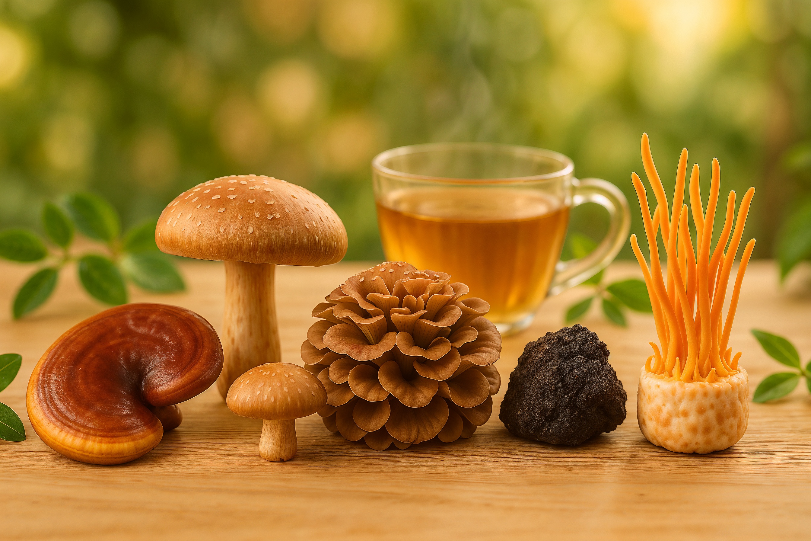 Assortiment de champignons médicinaux Reishi, Shiitaké, Chaga et Cordyceps sur une table en bois avec tisane, symbolisant leurs bienfaits pour la santé.