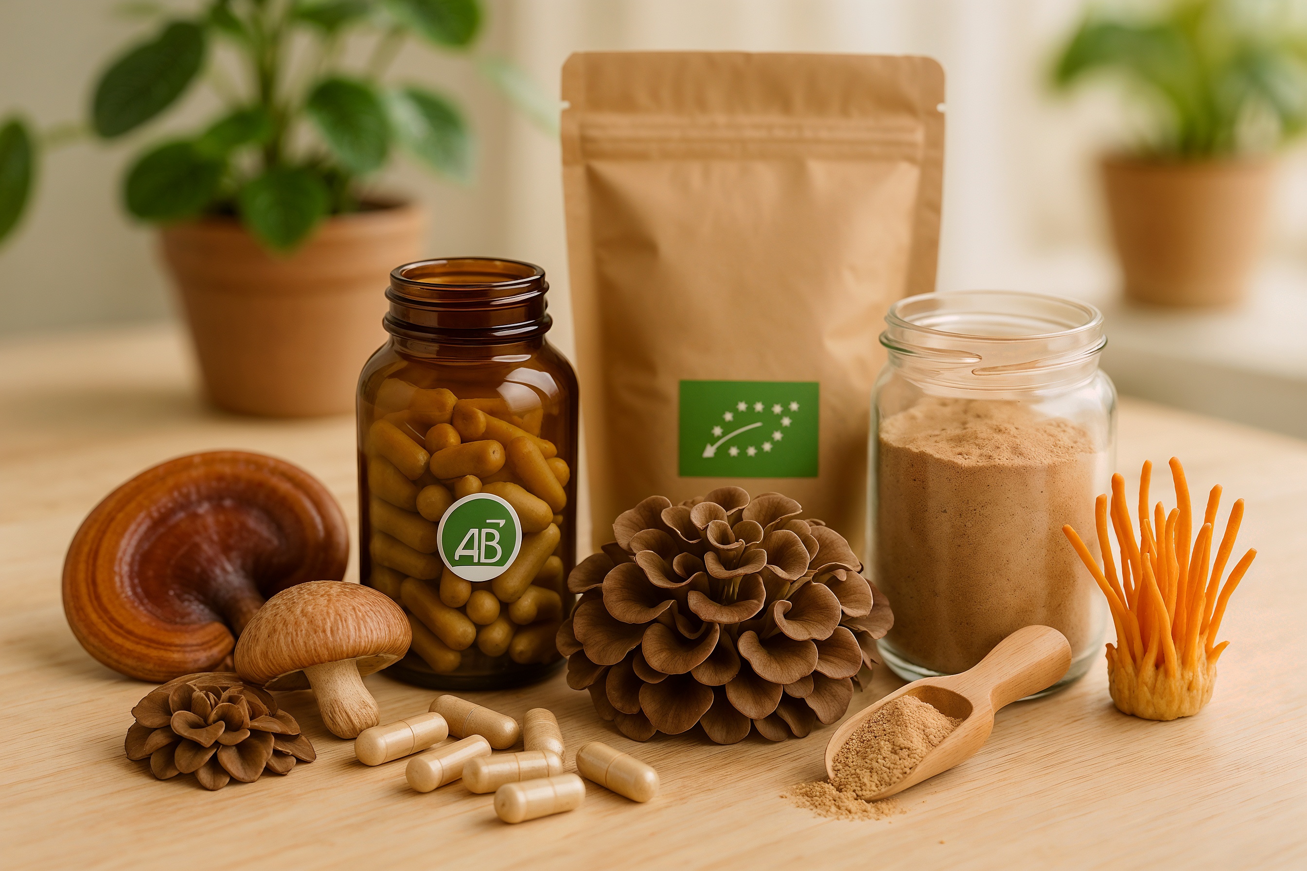 Compléments alimentaires à base de champignons médicinaux bio avec gélules, poudre, sachet kraft et champignons frais Reishi, Shiitaké, Maitake et Cordyceps.