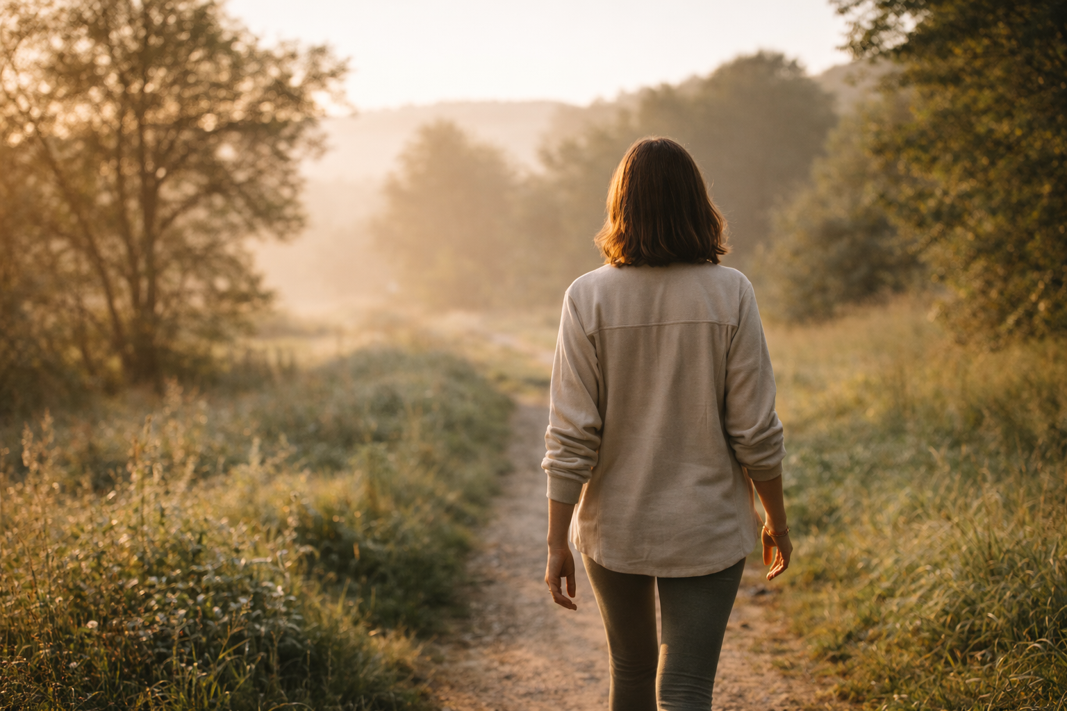 Personne marchant en pleine nature au lever du soleil, symbolisant l’énergie stable et l’endurance naturelle.