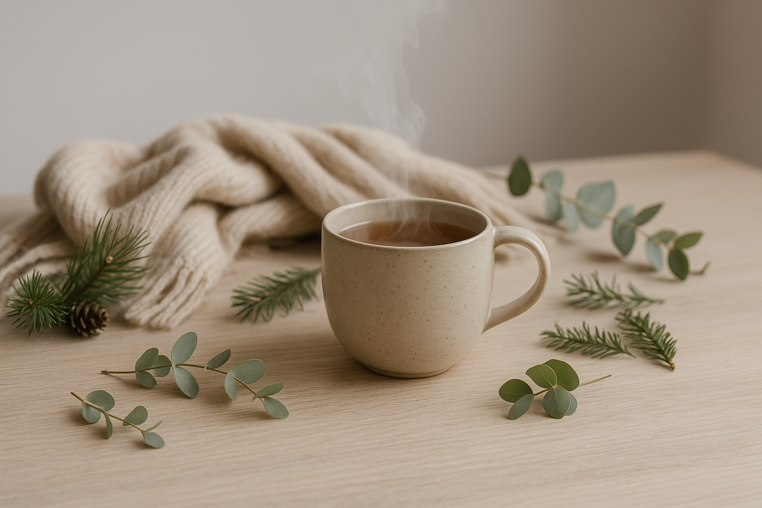 Nature morte hivernale avec tasse d’infusion et écharpe sur table en bois – ambiance bien-être