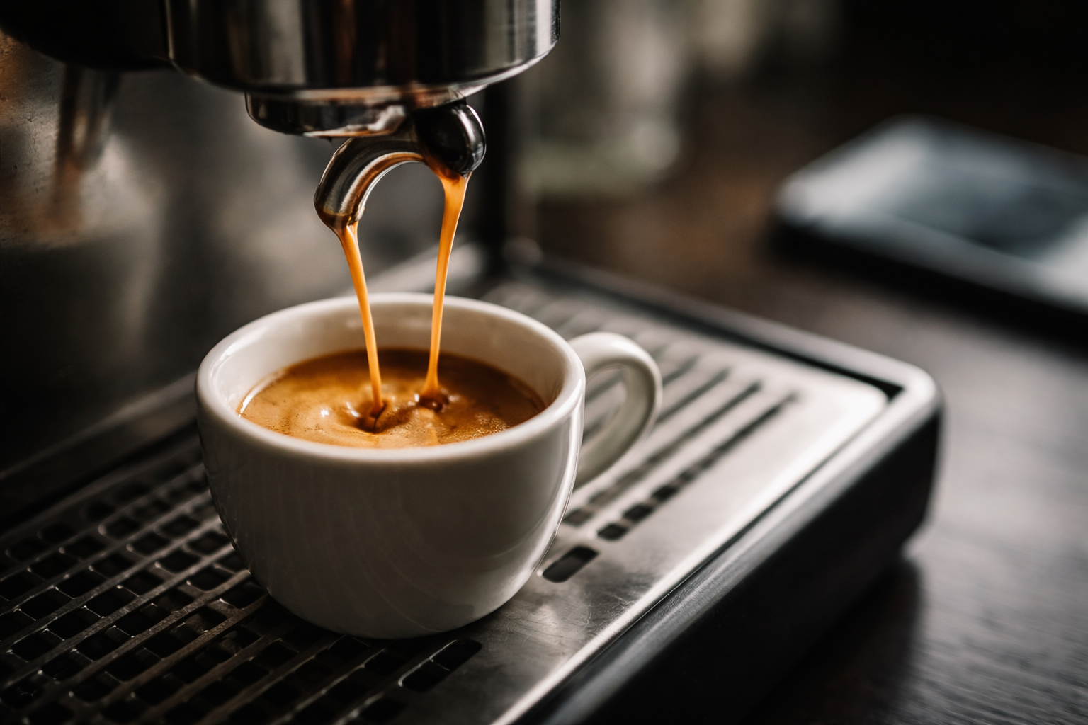 Extraction d’un espresso illustrant la stimulation rapide et le pic d’énergie artificiel.