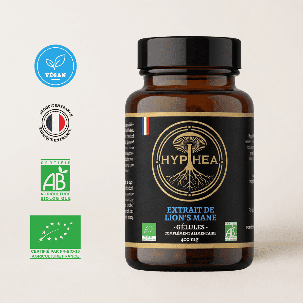 Extrait de Lion’s Mane HYPHEA en gélules 400 mg bio, Série Gold, fabriqué en France