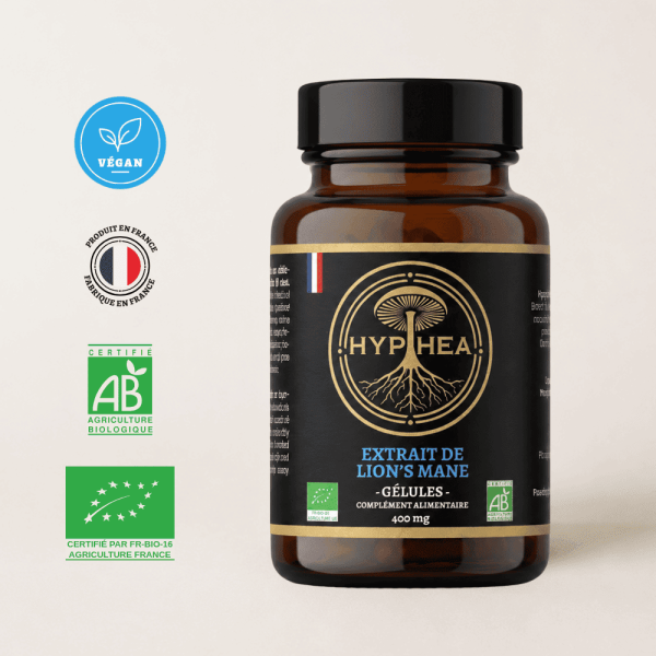 Extrait de Lion’s Mane HYPHEA en gélules 400 mg bio, Série Gold, fabriqué en France