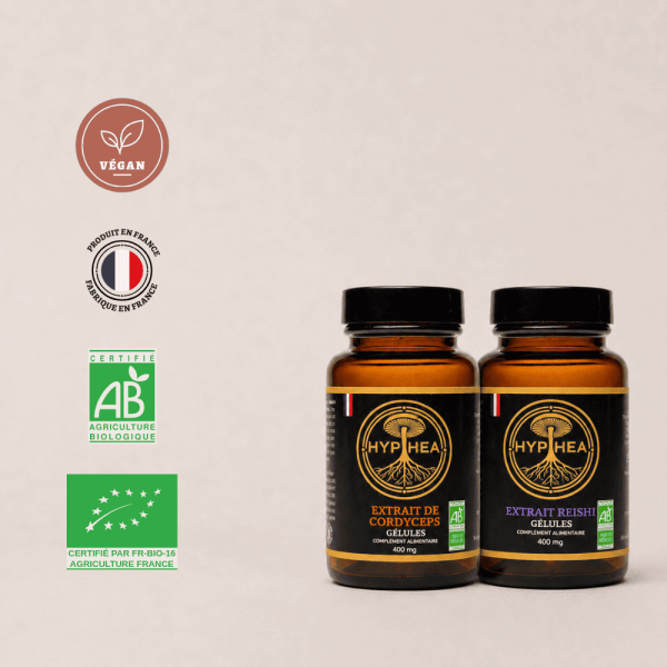 Packshot duo endurance HYPHEA avec extraits de Cordyceps et Reishi en gélules bio